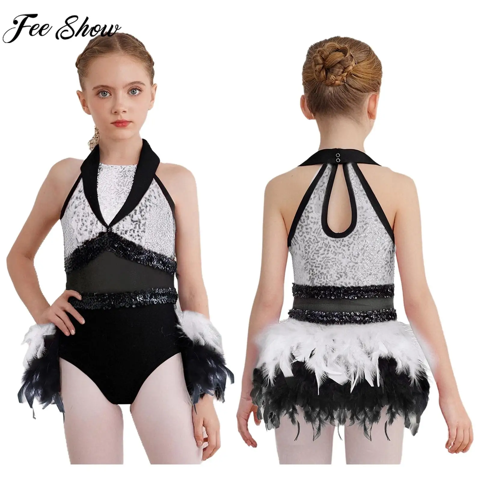 어린이 소녀 힙합 라틴 재즈 댄스 의상 민소매 스팽글 메쉬 깃털 투투 레오타드 드레스 발레 차차 삼바 탱고