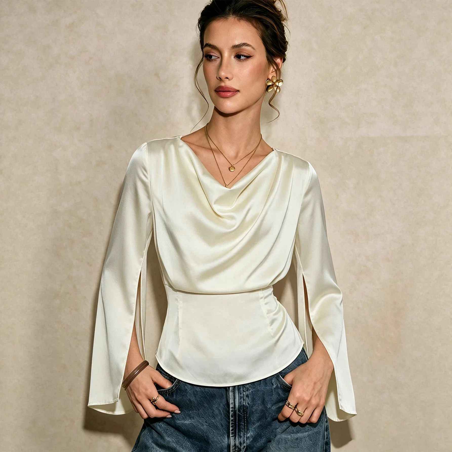 New Satin Cowl Neck Long Sleeve Shirt Women Back Tie Waist Slim Elegant Top