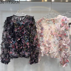 2024 Blusas Mujer De Moda Sweet Blouses Women Clothing Long Sleeve O-neck Gauze Shirts 3D Floral Summer Chic Chiffon Blouse Tops