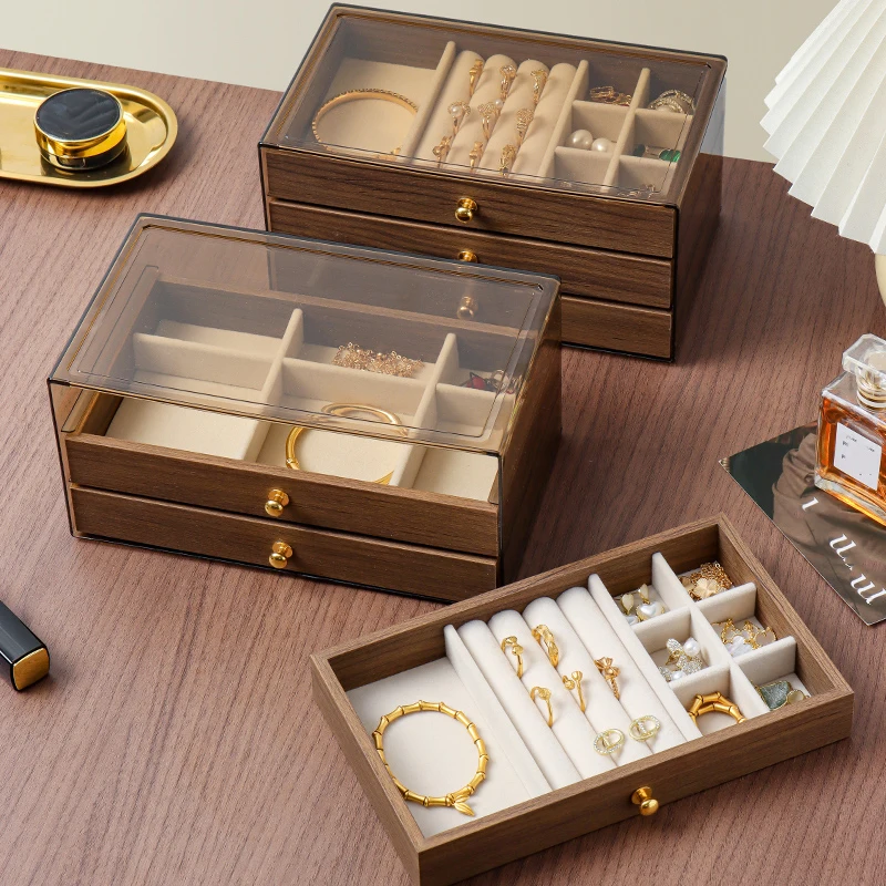 Vintage jewelry box stud earrings bracelet desktop storage box earrings rings hand accessories three-tier drawer storage box