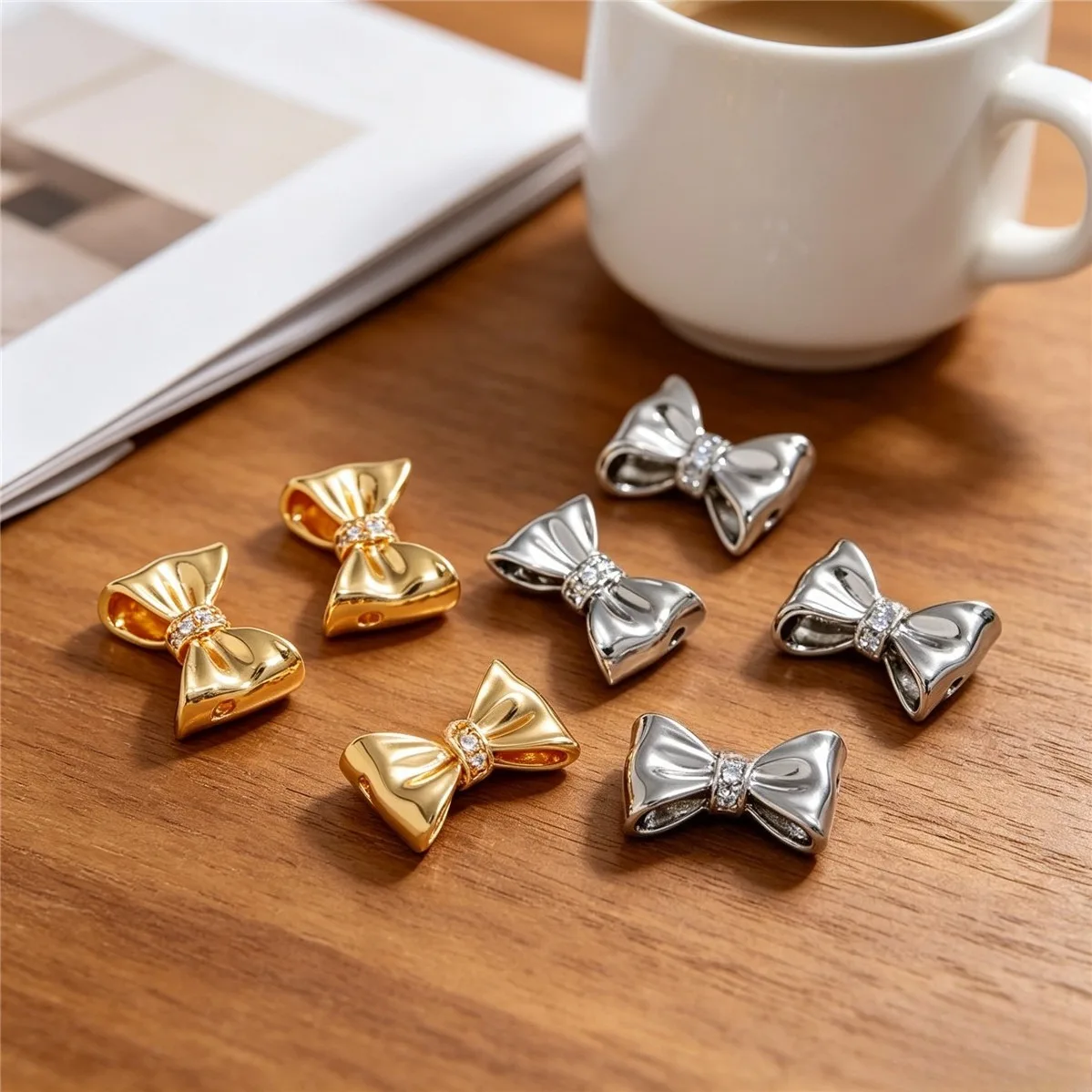 Brass 14K Gold Plated Micro Pave Zircon Pleated Bow Full Through Hole Spacer Beads DIY Bracelet Necklace Jewelry Findings