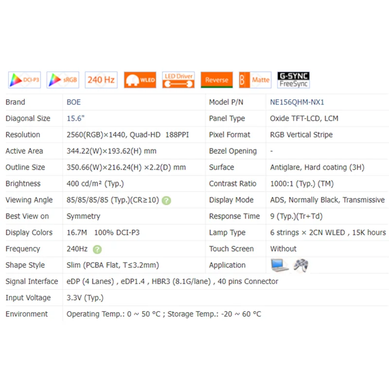 Imagem -04 - Matriz Lcd a Cores Qhd 40pns 2560x1440 240hz 100 Dci-p3 Ne156qhm-nx1 Fit Ne156qhm Nx1 Lp156qhg Spv1 156