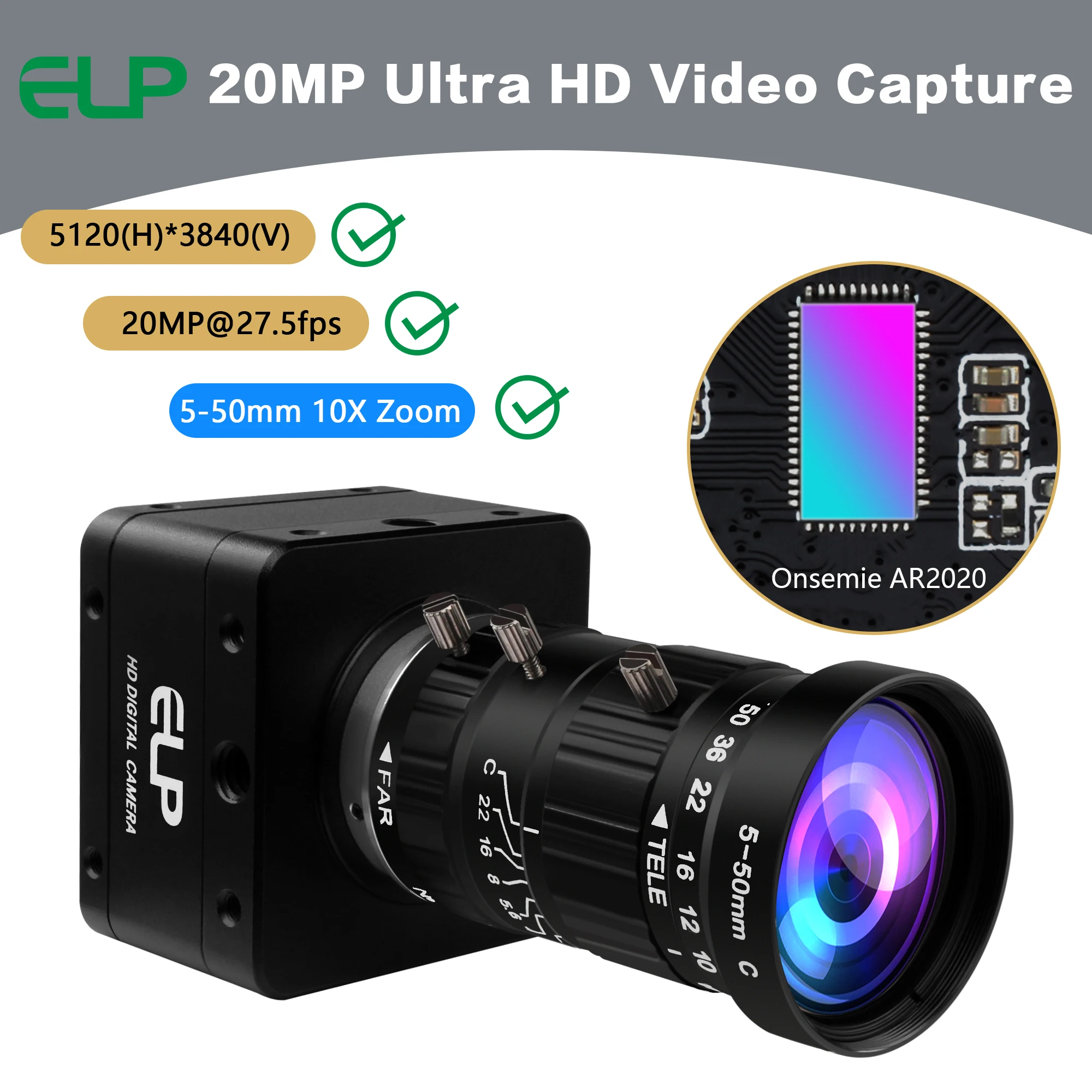 PC周辺機器 ELP 20MP USBカメラ 4K 30fps Type-C ウェブカメラ