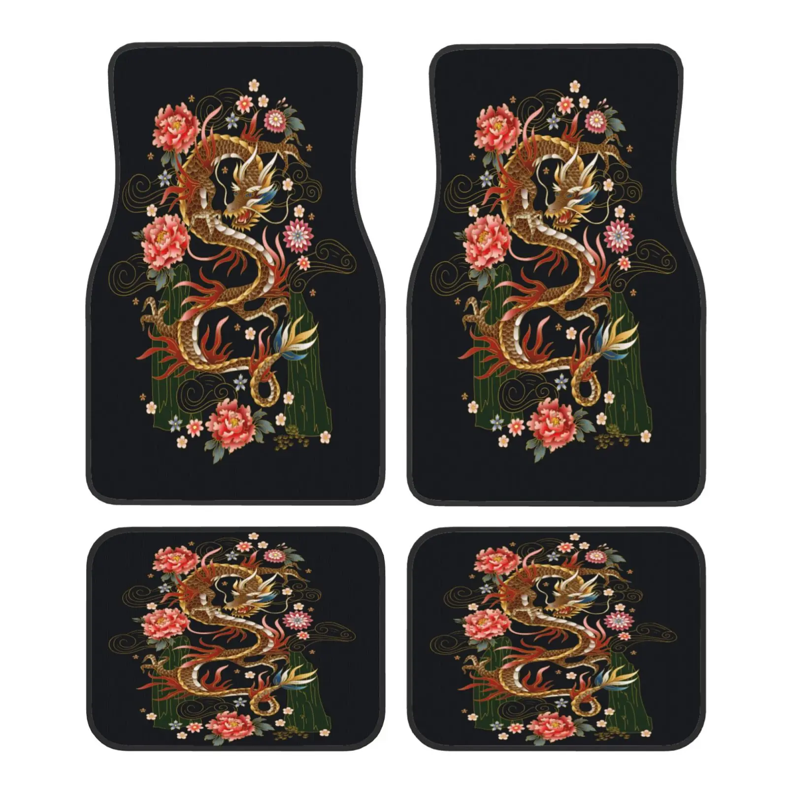 Chinese Flower Peony  and Dragon Car Floor Mats Waterproof Car Carpet Mat Set of 4pcs with Anti-Slip Backing Fit for SUV Trucks