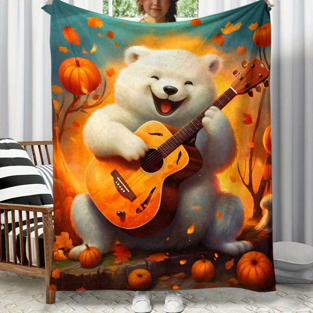 Autumn Polar Bear Playing Guitar Fleece Blanket Fall Pumpkin Leaves Design Soft Cozy Throw Blanket for Home Decor Gift