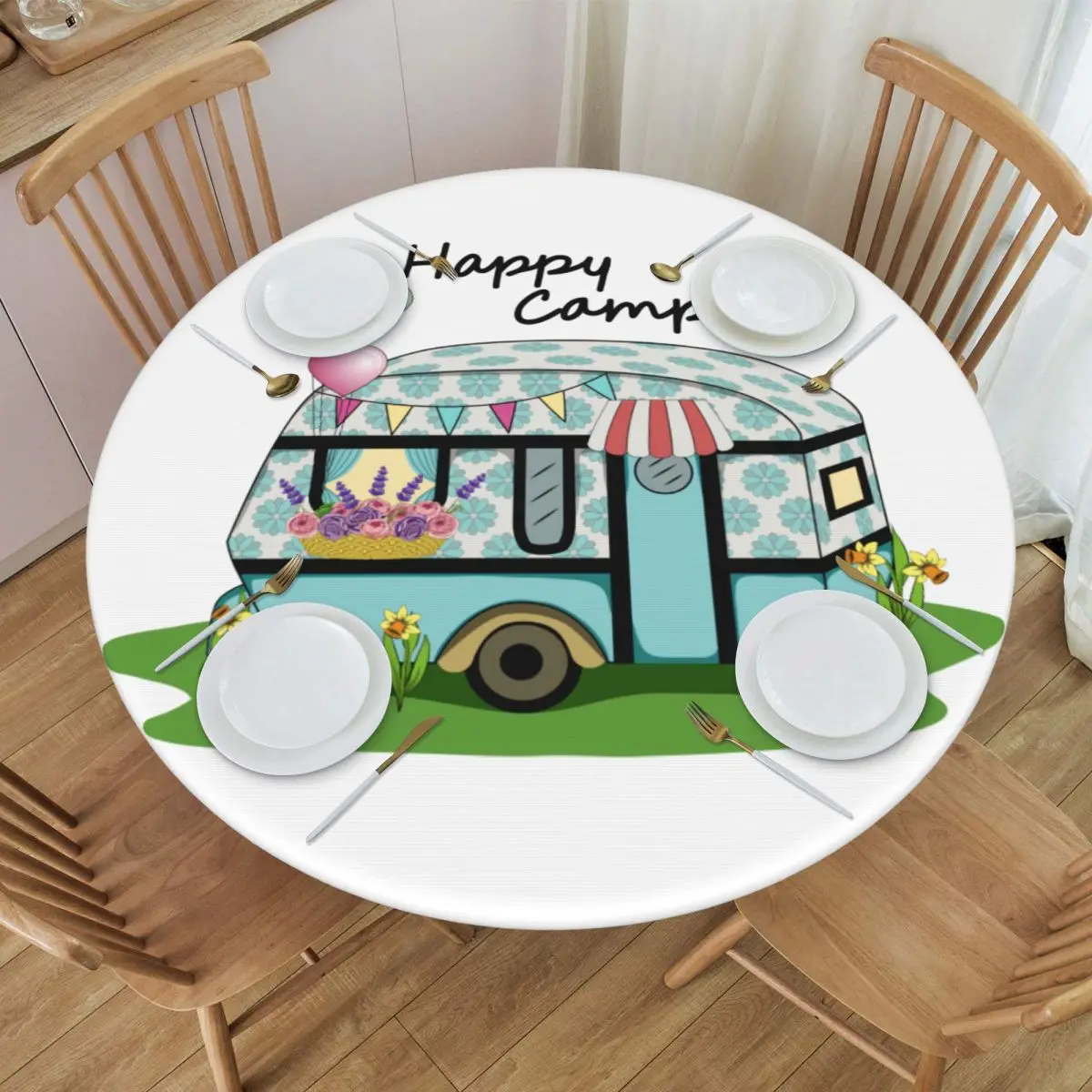 Waterproof Happy Camper Camping Table Cover Elastic Fitted Travel Car Adventure Table Cloth Backed Edge Tablecloth for Dining