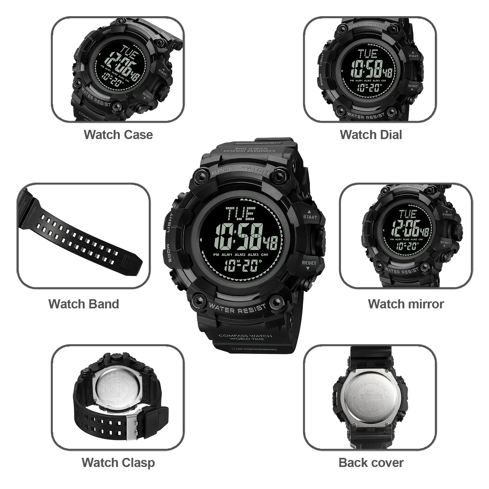 SKMEI Mens 50M Waterproof Back Light Digital Wristwatch reloj hombre Multifunctional World Time Compass Countdown Sport Watches