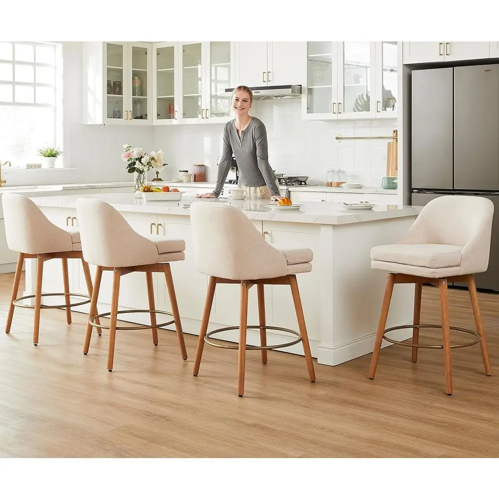 

Swivel Upholstered Back Counter Height Bar Stools Set of 2, Wooden Legs, Sand, 27 for Kitchen Island