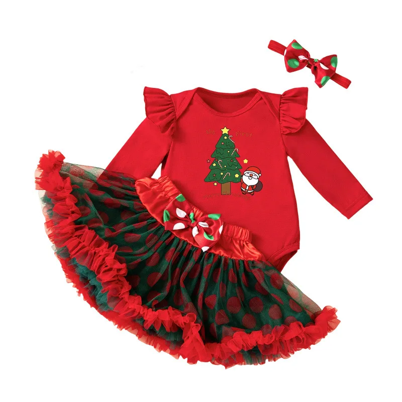 طقم ملابس عيد الميلاد مكون من 3 قطع للفتيات الرضع باللونين الأحمر والأخضر مع لمسات من الدانتيل الرقيق وتصميم بين الرجلين للفتيات الصغيرات #1