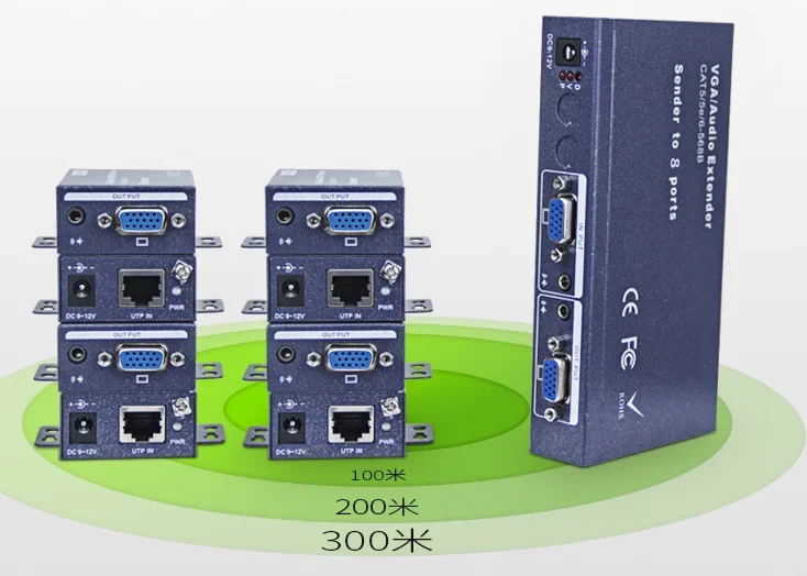 8 Ports Audio Video VGA Extender Sender VGA Video Audio Over UTP Splitter 1x8 350MHz 1600x1200