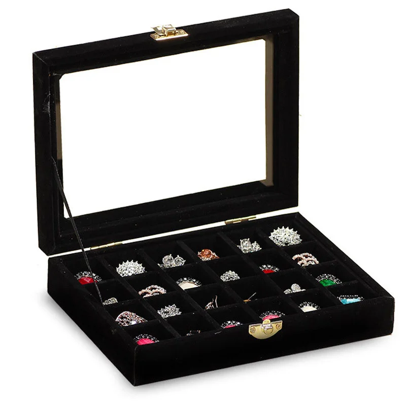 12/24Grids Velvet Jewelry Box with Glass Cover Rings Earrings Necklaces Organizer Display Holder Women Jewelry Storage Case