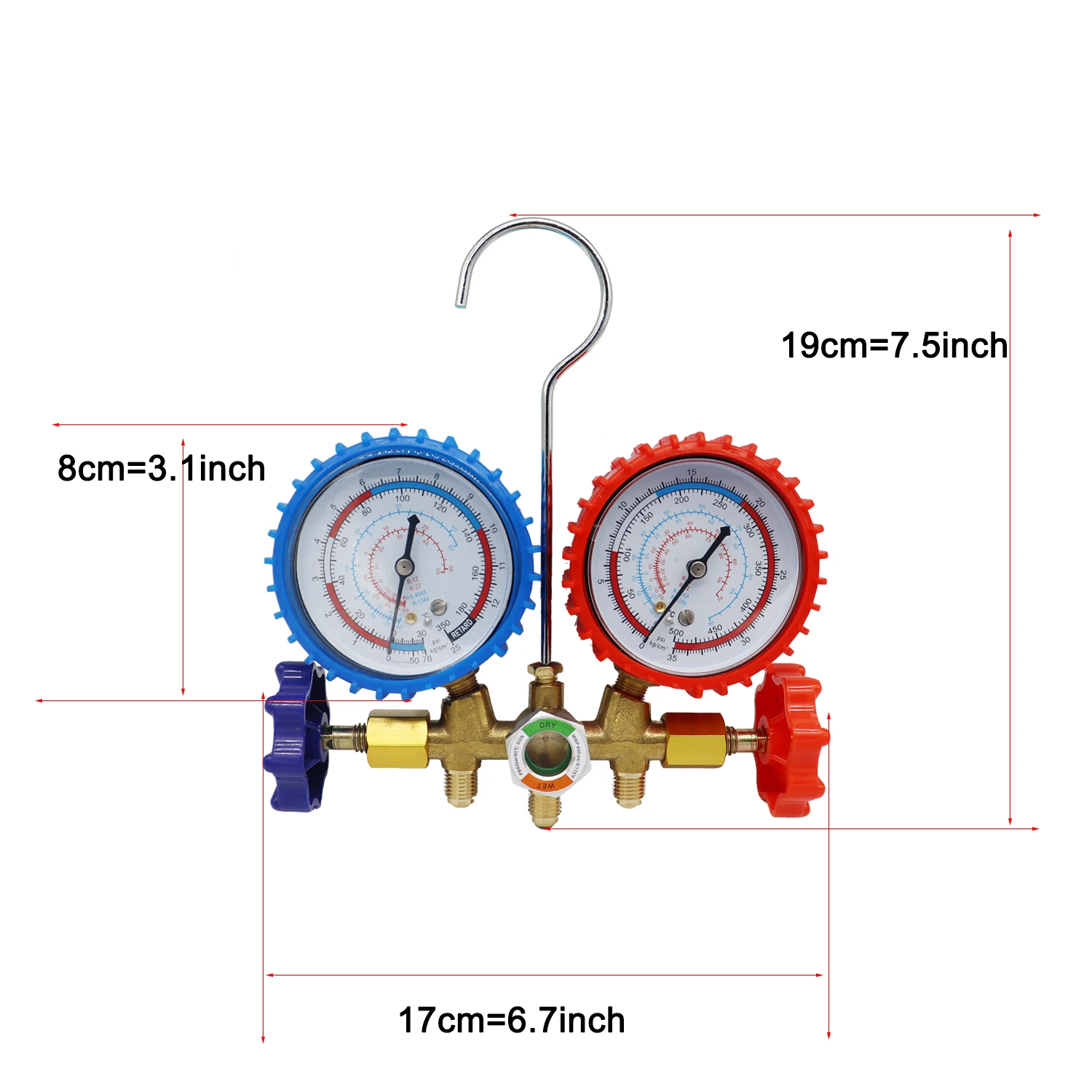 R134a Air Conditioning Pressure Gauge with Hose and Hook 3 Way AC Diagnostic Manifold Gauge Set Freon For R12 R22 R404A R134a