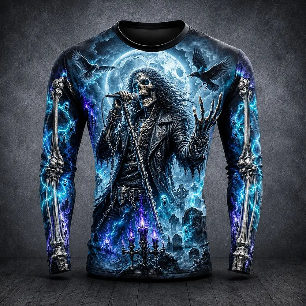 Men's Rock Pumpkin Skull Guitarist Pattern T-shirt Fashion Long Sleeve Crew Neck T shirts Casual Cool Party Tops Summer Clothing