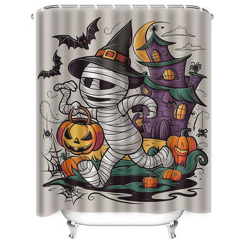 1PCHalloween Mummy Witch Haunted House Bathroom Shower Curtain for Kids Girls Baby Room Decor