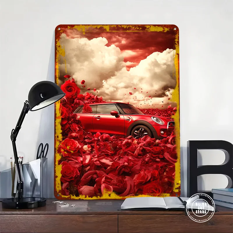Red UK Car Cooper in Rose Field Printed Poster Customized Wall Art Retro Vintage Metal Tin Signs for Mancave Decoration Gaming