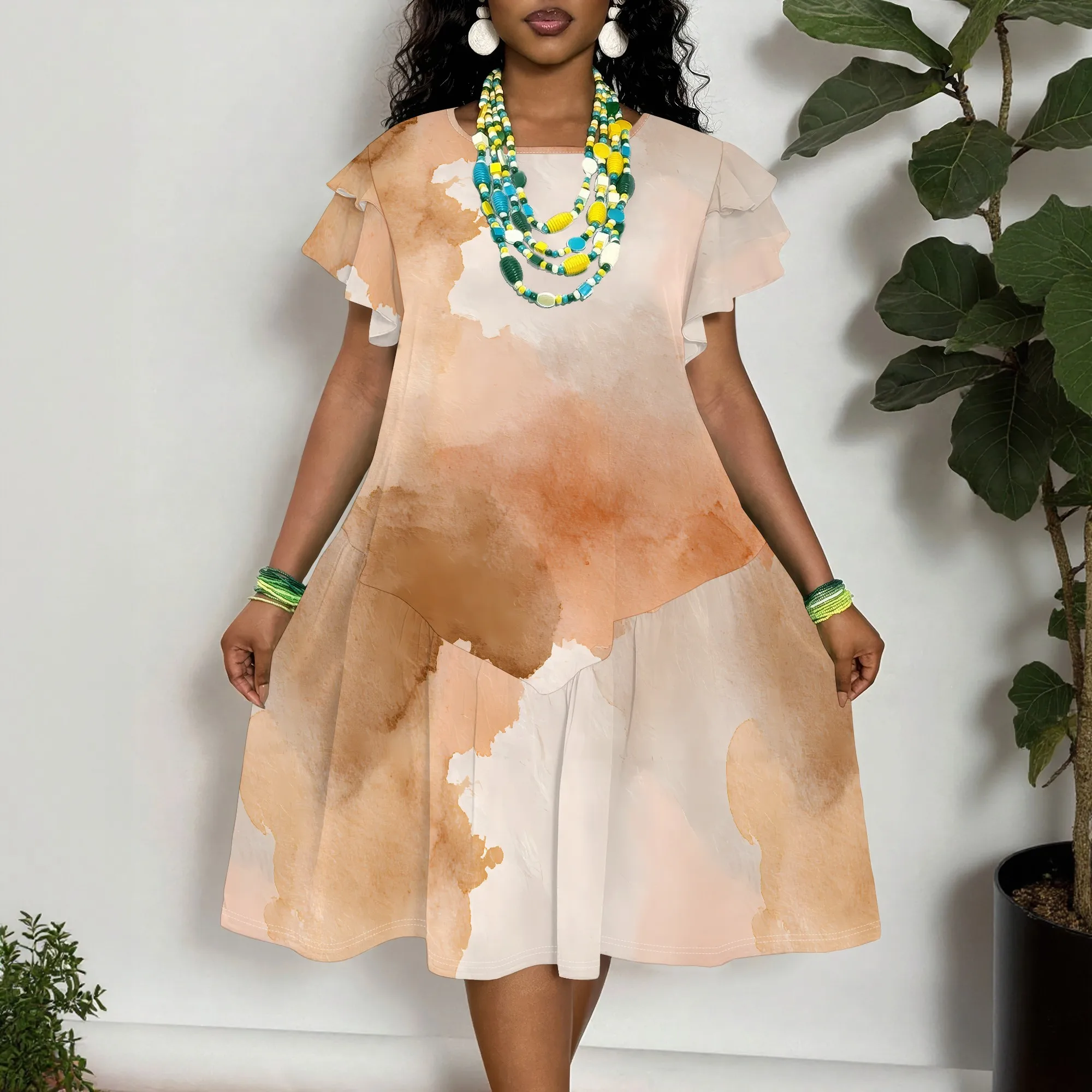

Watercolor Print Dress, Short Sleeve Tunic, Abstract Art Top, Summer Beachwear, XL-6XL