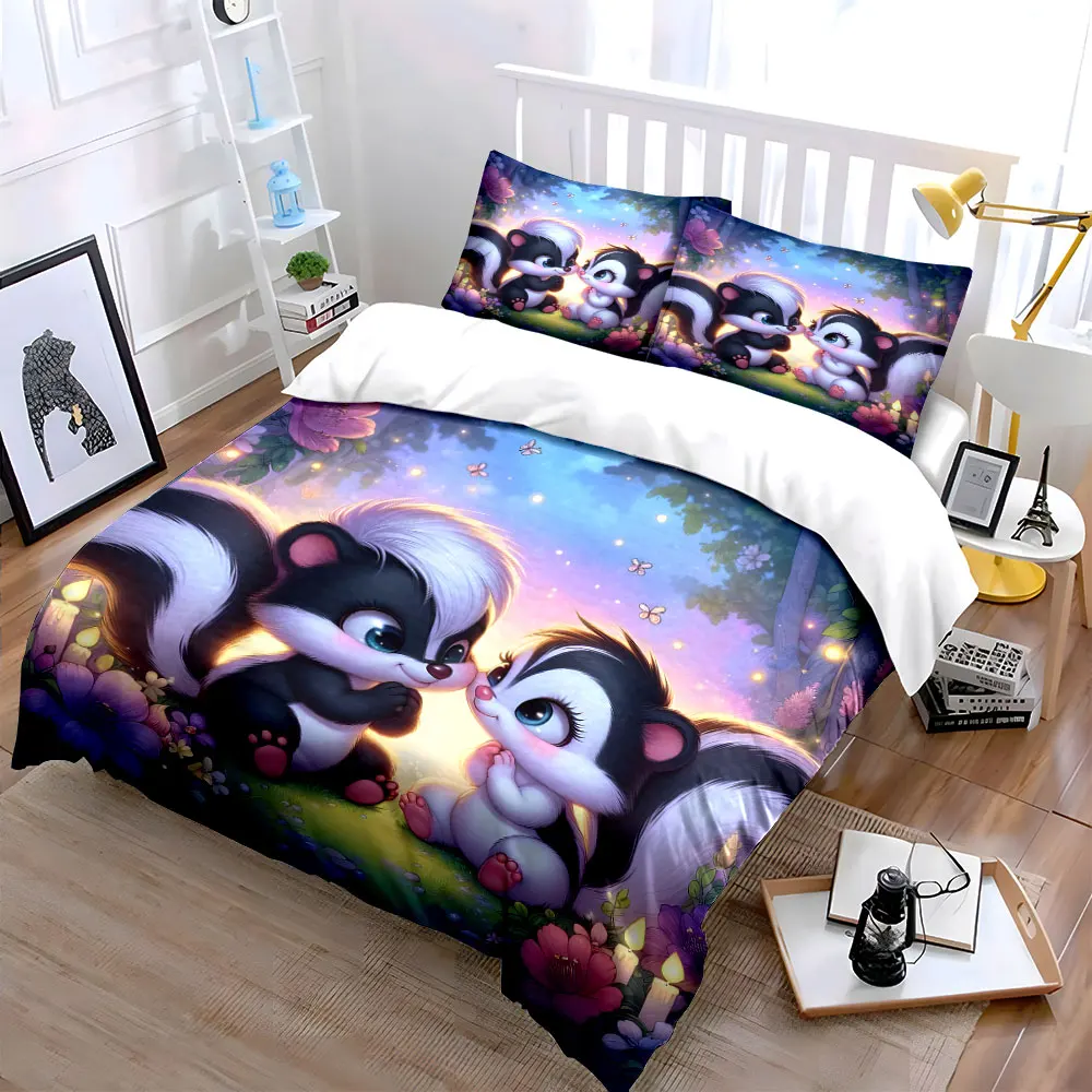 Two adorable skunks in romantic forest Printed Duvet Cover Set1 Duvet Cover+2 PillowcaseMulti Size Bedroom Bedding Decor view 2