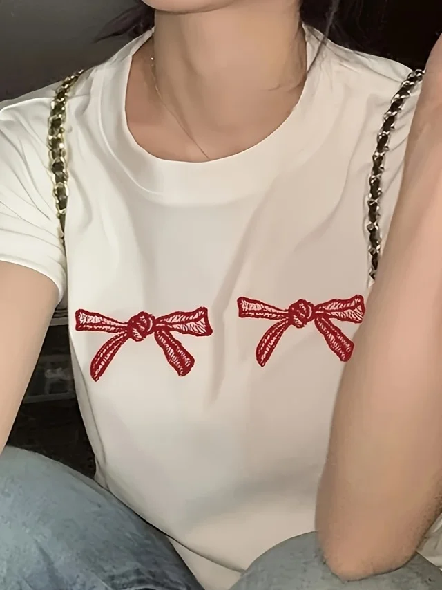 Two Bow Print Short Sleeve T-shirt for Summer High-waisted Navel-baring Sexy Top Harajuku Sleeve Casual Aesthetic Clothes
