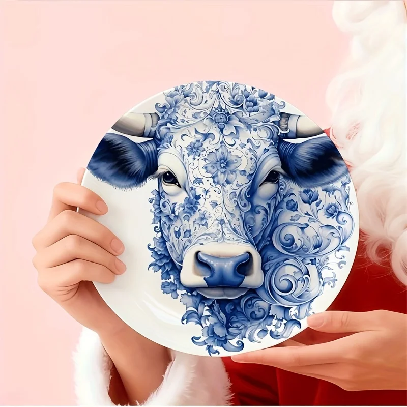 Blue and White Porcelain Ox Head Ceramic Decor Plate - Hanging Wall Art, Suitable for Families, Living Rooms, and Offices
