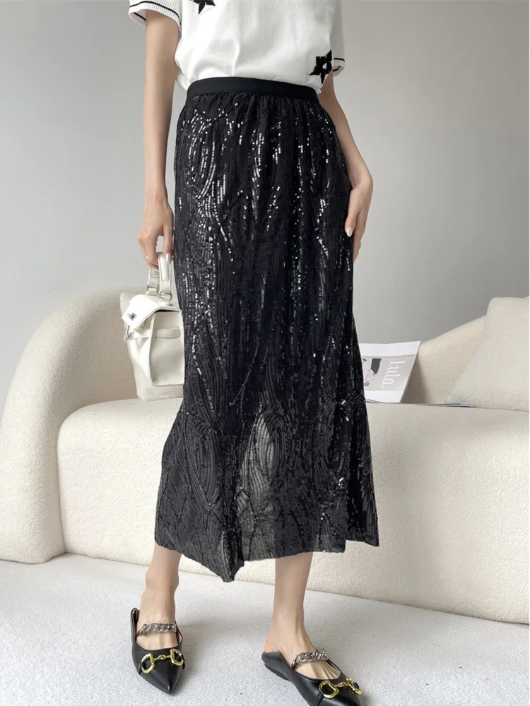

Fashion Sequin Decoration Hem Split Skirt For Women Casual High Waist Chic Loose Skirts Female 2023 Summer New Tide X161