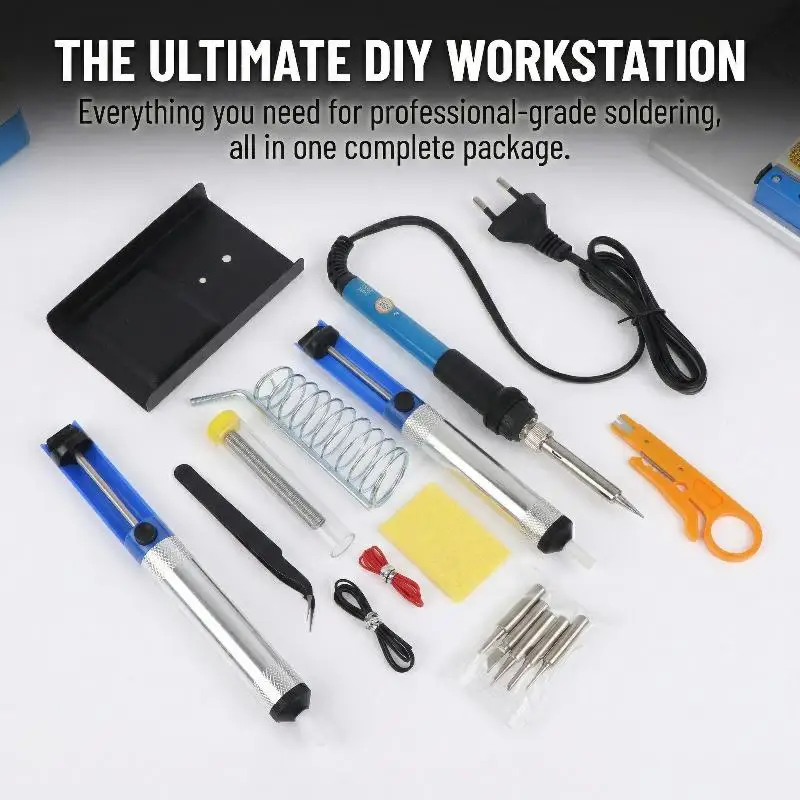 

Набор для пайки 15 предметов с оловоотсосом, проводом и сетевым адаптером EU, 220В 60Вт, паяльник 450 ° Набор инструментов для сварки с регулируемой температурой