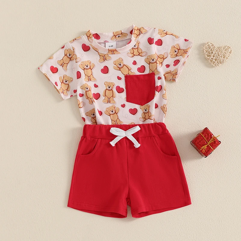 Toddler Boy Valentines Day Set Bear Heart Print Short Sleeve Crew Neck Tops Pockets Shorts 6 Months-5 Years