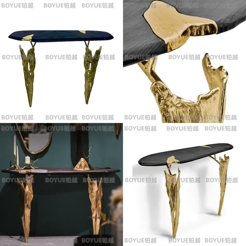 Italian Brass Entryway Console Table Solid Wood Foyer Hallway Decor Luxury Wall Mounted Shelf for Villa Corridor Entrance