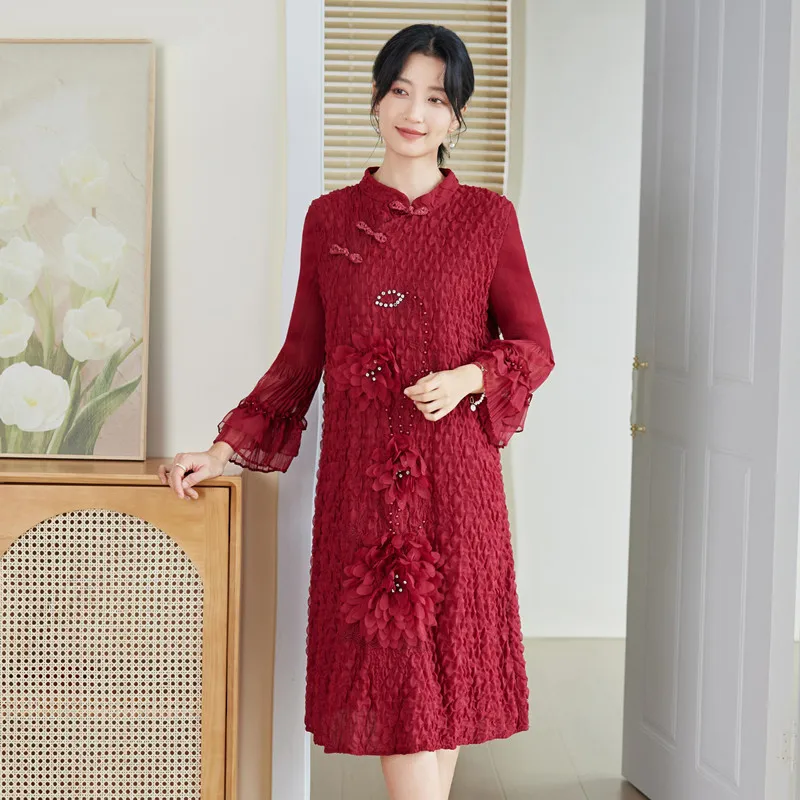 

Vintage Dress Chinese Style For Women Autumn Stand Collar Long Sleeves Wedding Party Red Middle-age Mother Dresses