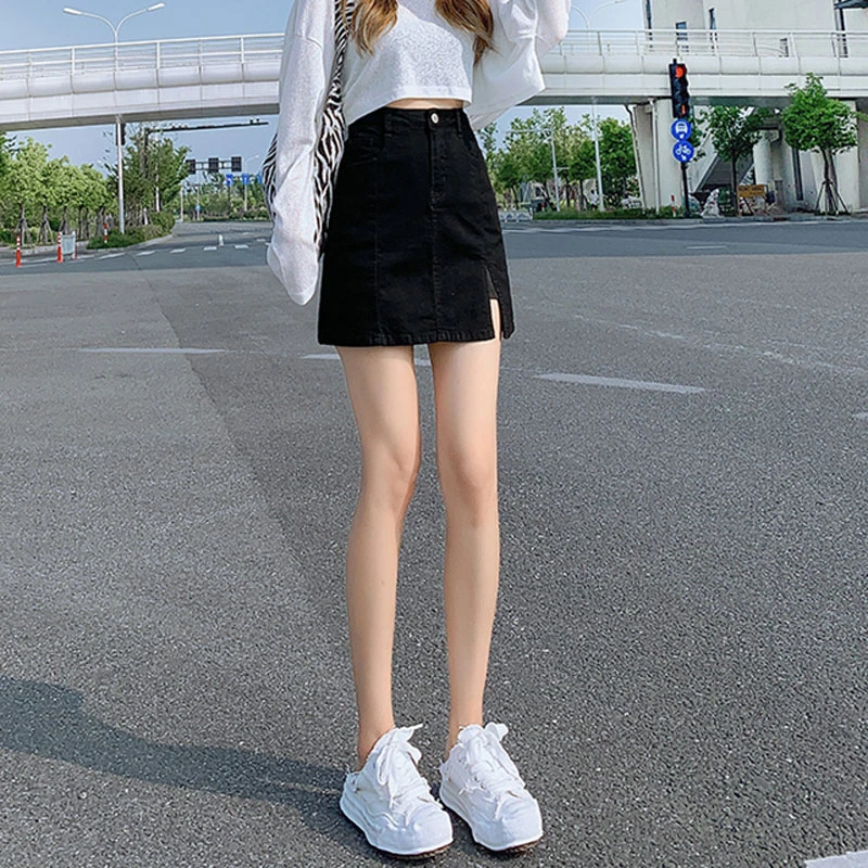 Half-body skirt sub anti-glare new Slim stretch a word skirt pants high-waisted package hip open fork denim short skirt female