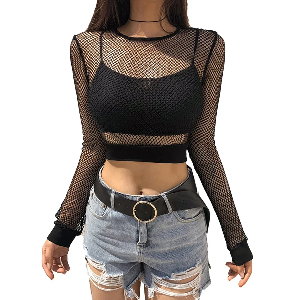 Brand New T-Shirt Tops Comfy Daily Fashion Hollow Hot Mesh Navel-baring Sexy Short Solid Color Stylish Bottoming