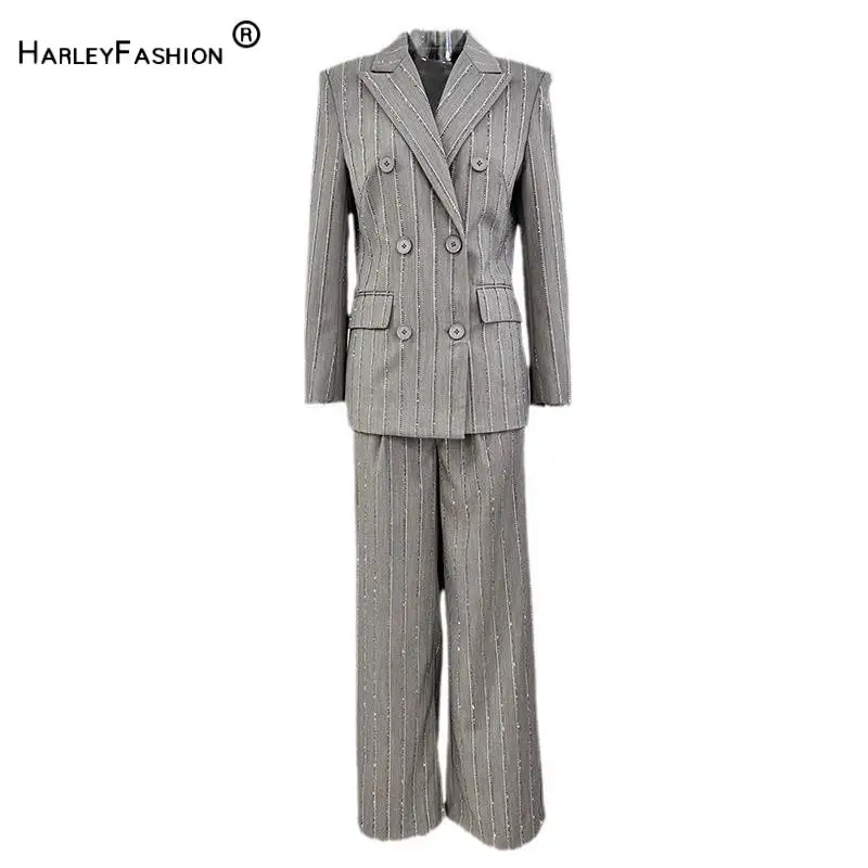 High Quality Spring Lady Office Suit Hot Drilling Notched Long Sleeve Double-breasted Blazer Wide Legs Pants Women Solid 2pcs