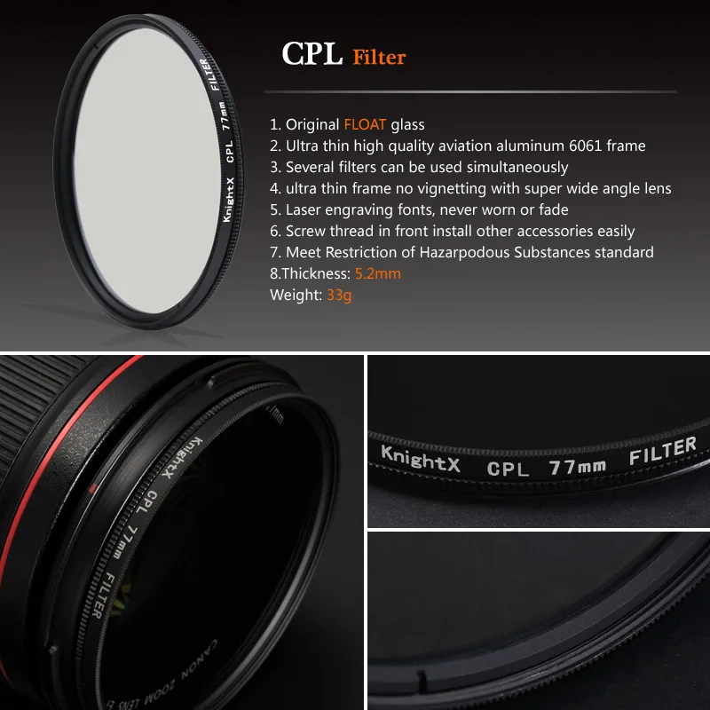 KnightX CPL フィルター円偏光 49 52 55 58 62 67 ミリメートル 77 ミリメートルフィルターソニー a6400 カメラ accessoires