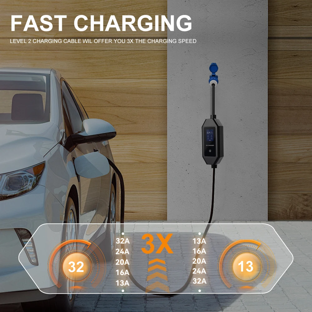 7KW Type2 IEC62196-2 شاحن EV محمول 32A 1 المرحلة Type1 J1772 EVSE كابل شحن سريع GBT 20234 CEE التوصيل التحكم اللاسلكي في التطبيقات