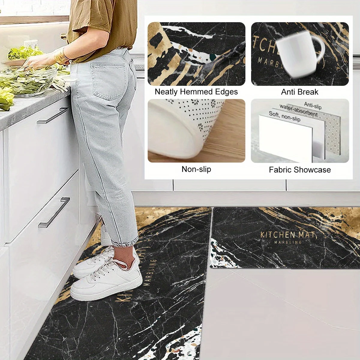 Luxury Black Gold Marble Kitchen Runner Rug Set, Modern Terrazzo KITCHEN MAT Letter Non-Slip Absorbent Floor Mats for Entryway