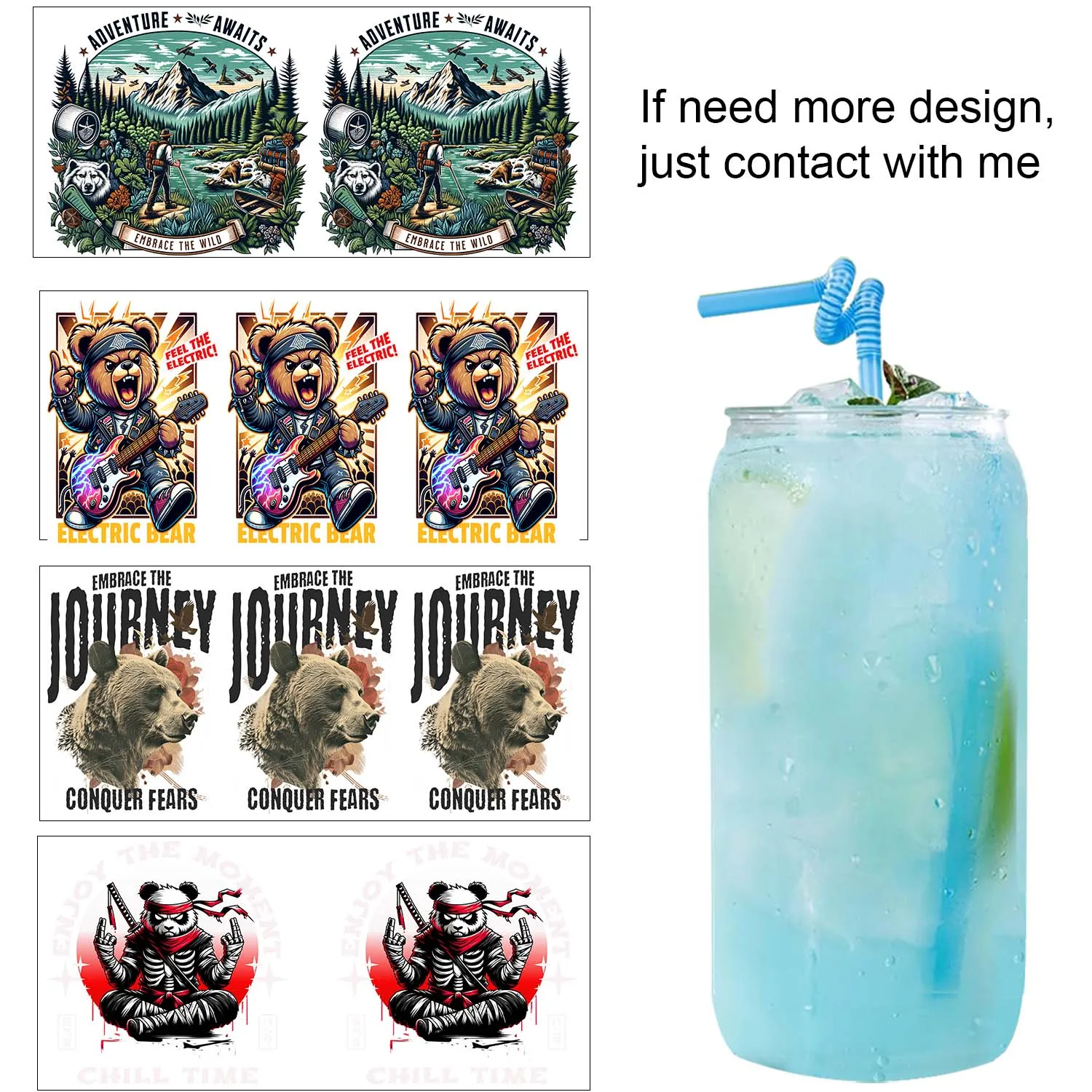 30 Style Funny Bear Theme UV DTF Sticker Waterproof DIY Decals 3D transfers uvdtf stickers 16oz uv dtf cup wraps