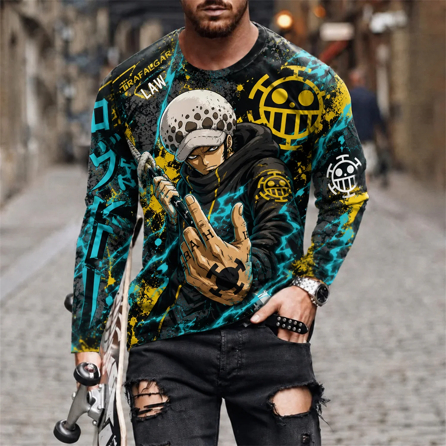 One Piece Luffy Anime T-Shirt Herren Streetwear Casual Herbst Frühling Cosplay Langarm Unterziehshirt Oberteil T-Shirts FamilyMatching – Detail 7