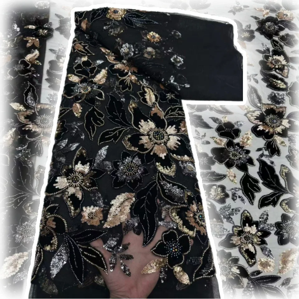 

African Nigerian Fashion Beads Sequins Lace Fabric Tulle with Precious French Beads for Evening Party Dresses Hot Sale AH1378