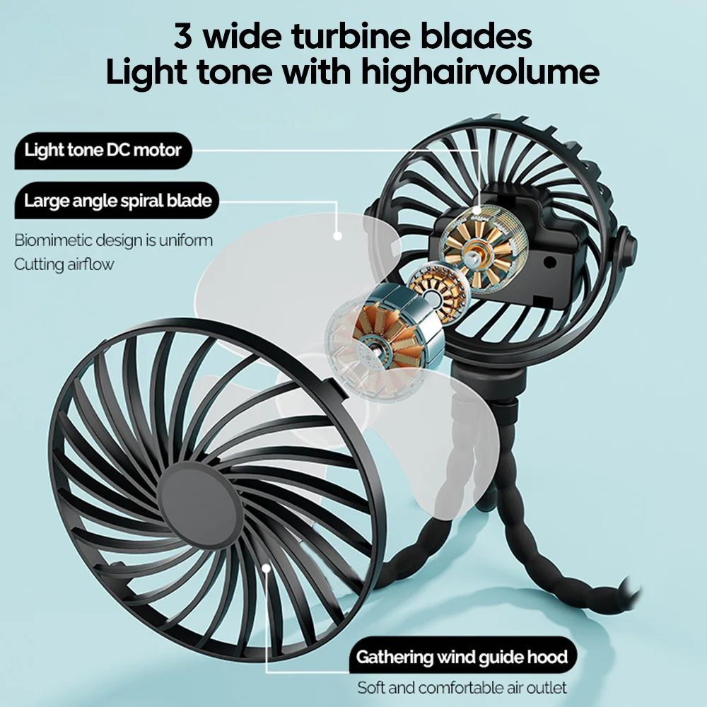 Mini Oscillating Fan Silent Octopus Flexible Adjustable Handheld/Hanging/Wrapping/Standing Mini Fan With Light Baby Stroller Fan