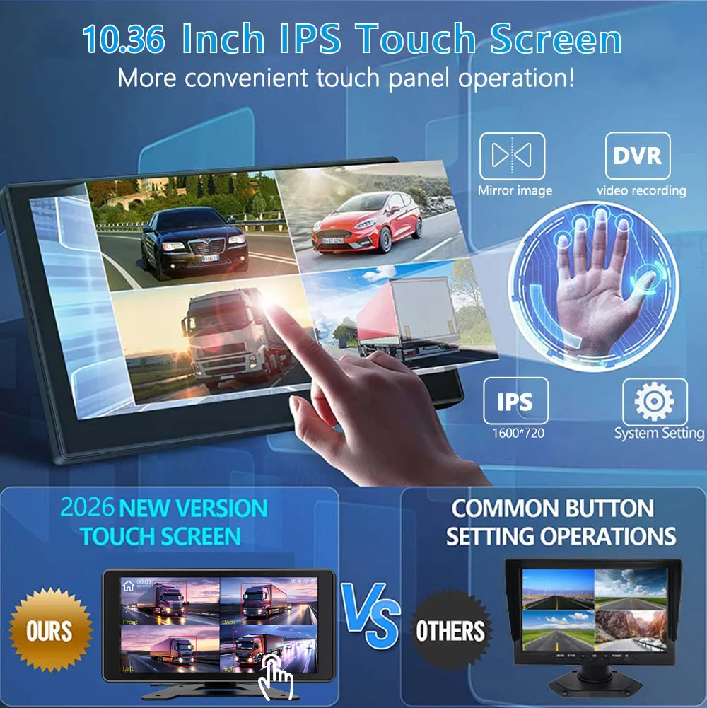 4CH 10.36 Inch Carplay Vehicle DVR Android Auto 1080P AHD Camera BSD WIFI APP Control Reverse Parking Recorder For Truck