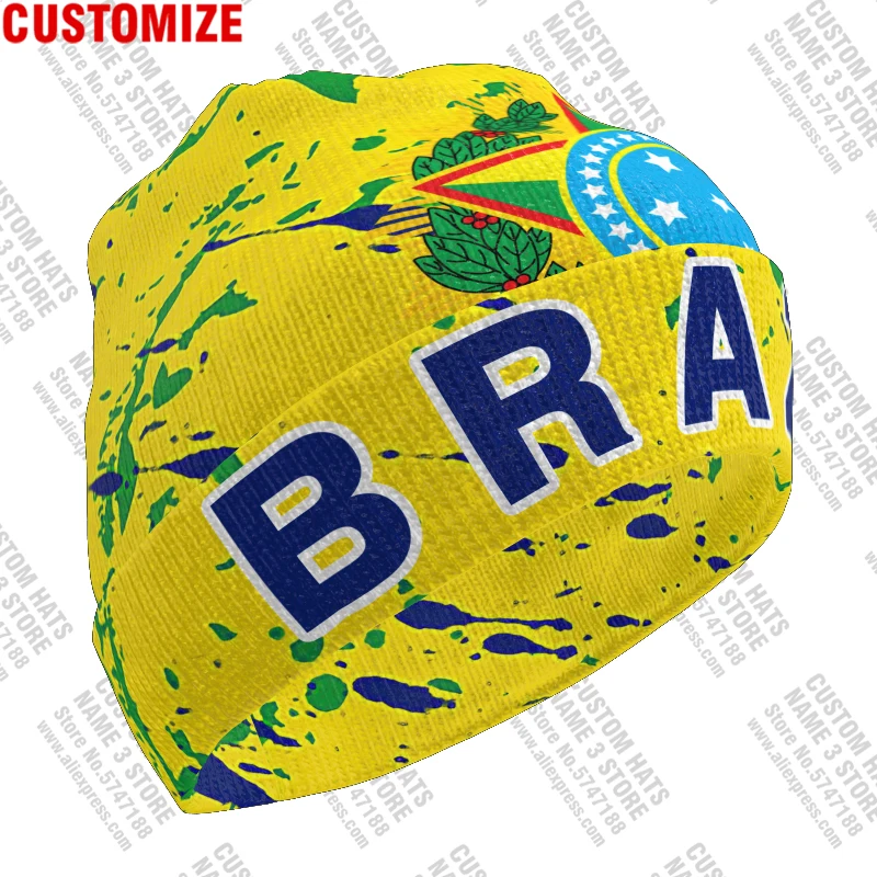 Brazil Knitted Hat Free Custom Name Winter Cold Pullover Portugal Bra Brasil Flag Brazilian Knit Keep Warm Cap Br Hip Hop Beanie