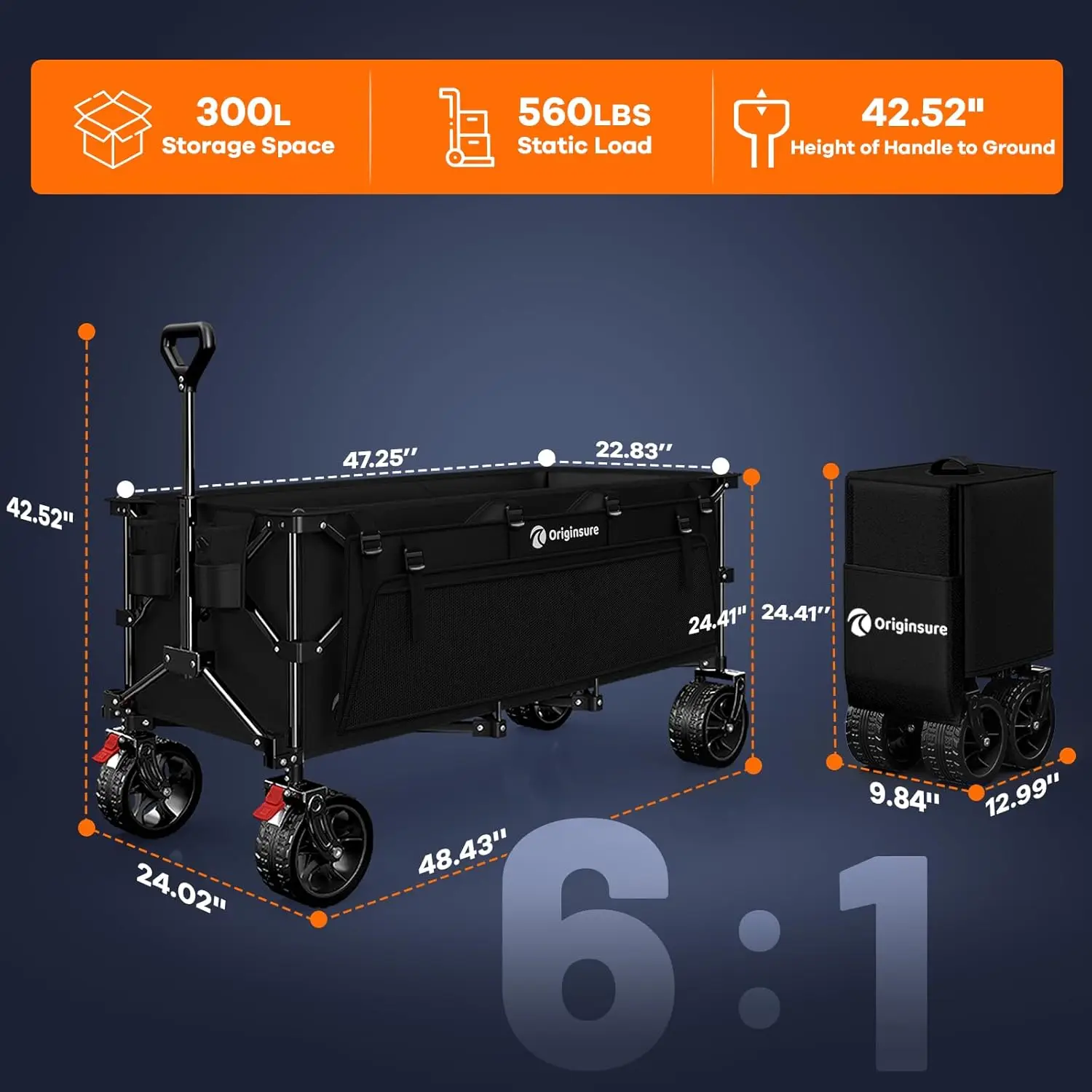 รถเข็นพับได้ขนาด 48 นิ้ว รับน้ำหนักได้ 560 ปอนด์ ล้อสำหรับทุกพื้นผิว เหมาะสำหรับชายหาด ตั้งแคมป์ และช้อปปิ้ง - สีดำ