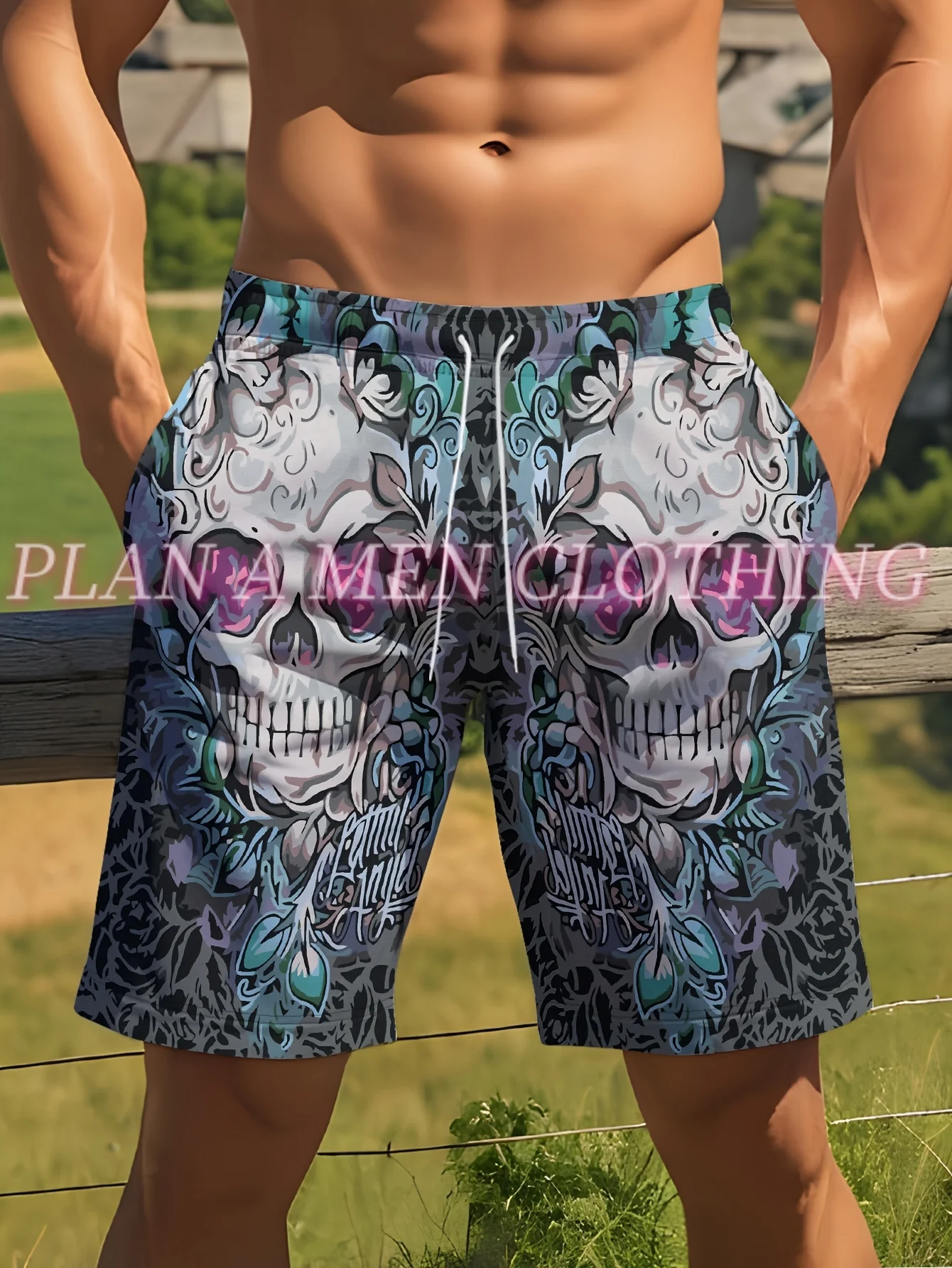 2025 New Men Adult Shorts Men's Hawaiian Casual Beach Retro Skull Print Daily Drawstring Beach Shorts Men Men Clothing