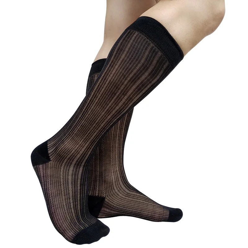 Knee High Mens Socks Formal Dress Suit Black Striped See Through Sexy Lingerie Mens Stocking Hose Business Wedding Gifts