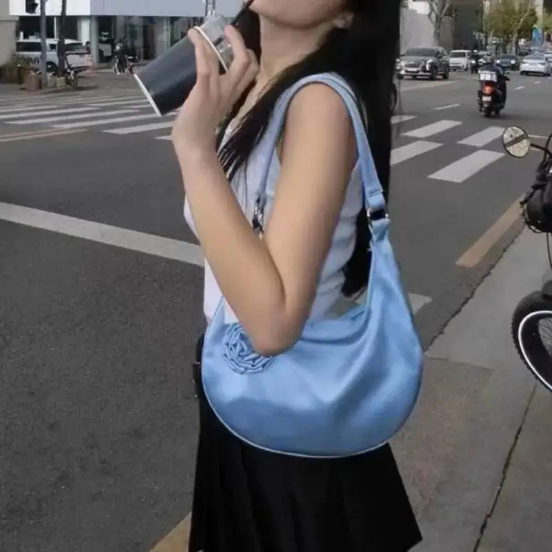 Bloom Fairy Core Y2k Women Hot Girls Silk Rose Blossoms Half Moon Shoulder Bags Handbag Female Blue Underarm Bag Purse