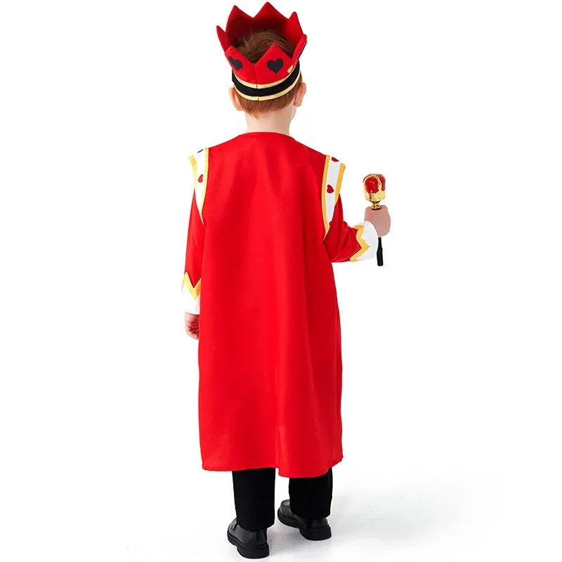 Newest Purim Halloween King Outfit for Boys Children Performance Poker King Cosplay Clothing Red King Cloak  Crown Costume Sets