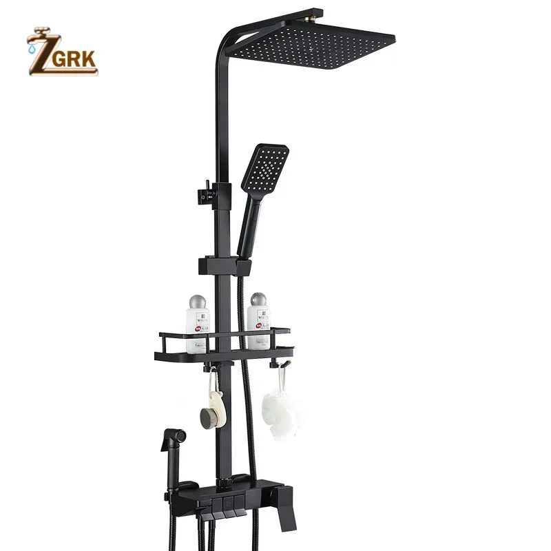 ZGRK Black Rainfall Faucets Set Wall Mounted Rain Shower System Storage Bath Shower Set Hot Cold with Spray Hand Shower