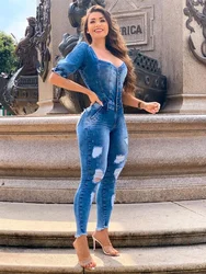 Vintage Denim Jumpsuits for Women 2024 Spring Summer Clothing Short Sleeve Button Up Long Rompers Casual Jeans Jumpsuit Overalls