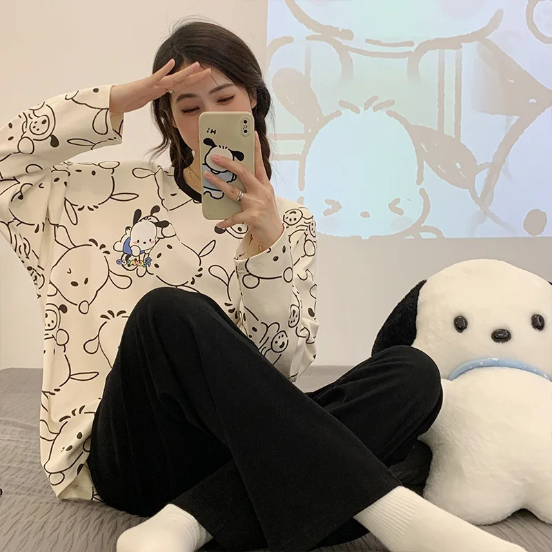 2024 New Autumn Cartoon Casual Cute Round Neck Long Sleeved Pajamas Women\'s Imitation Cotton Pajamas Cartoon Home Furnishings