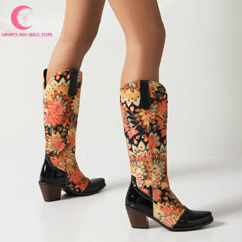 

2023 Winter New Floral Women Western Boots Chunky High Heels Slip On Trendy Luxury Boots Ladies Comfy Fashion Big Size 48 Shoes