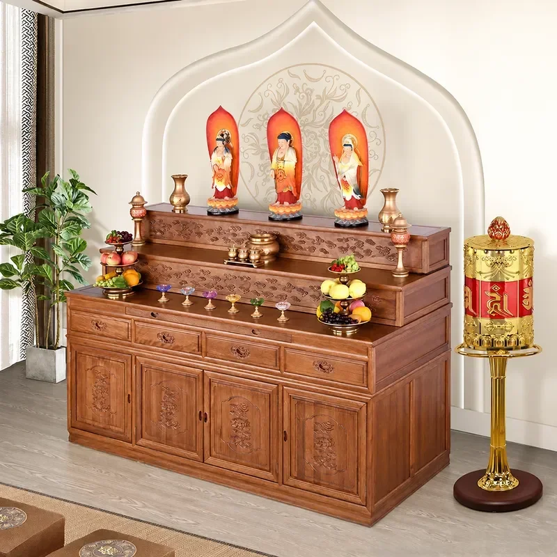 Solid Wood Household Shrine Table Three Layer Incense Offering Stand Buddha Worship Cabinet Altar for Home Prayer and Tribute